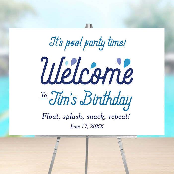Personalized water drop pool party birthday welcome sign for kids with custom name, party date and playful blue and aqua accents