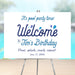 Personalized water drop pool party birthday welcome sign for kids with custom name, party date and playful blue and aqua accents