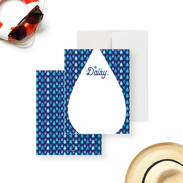 Personalized pool party thank you card for kids with custom name, blue and aqua water drop pattern and large blank writing area-front-back