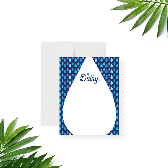Personalized pool party thank you card for kids with custom name, blue and aqua water drop pattern and large blank writing area-front