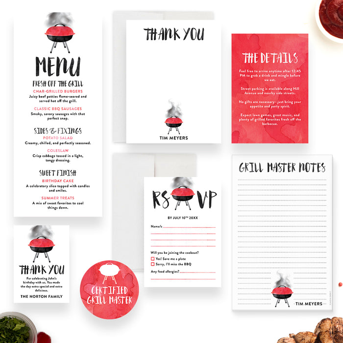 Personalized Watercolor BBQ Birthday Party Invitation with Grill