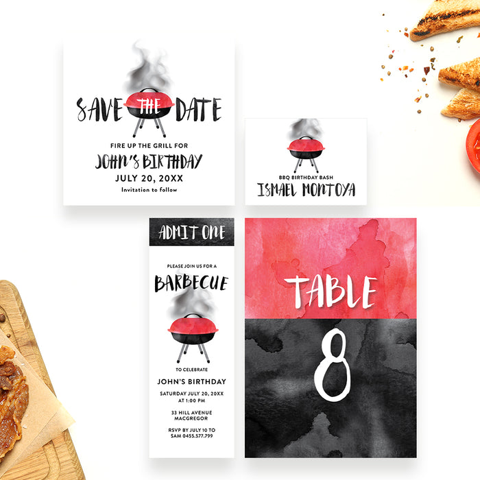 Personalized Watercolor BBQ Birthday Party Invitation with Grill