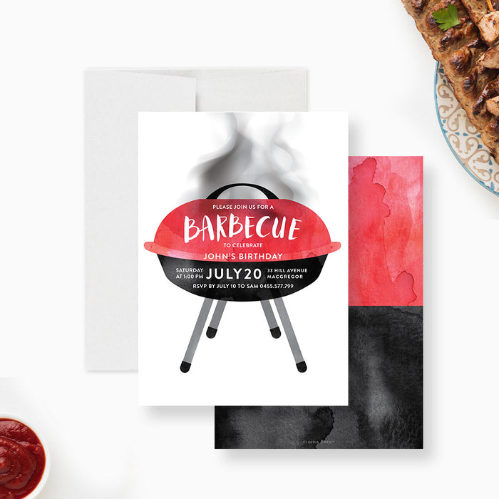 Personalized BBQ birthday party invitation with a red and black outdoor grill design, custom name, date, time, address, and RSVP details-front-back
