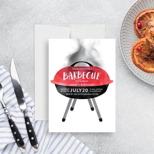 Personalized BBQ birthday party invitation with a red and black outdoor grill design, custom name, date, time, address, and RSVP details-front