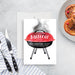 Personalized BBQ birthday party invitation with a red and black outdoor grill design, custom name, date, time, address, and RSVP details-front