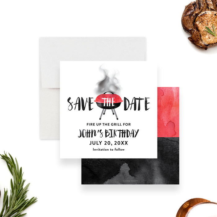 Personalized watercolor BBQ birthday save the date card with red grill illustration, honoree’s name, party date and invitation to follow wording-front-back