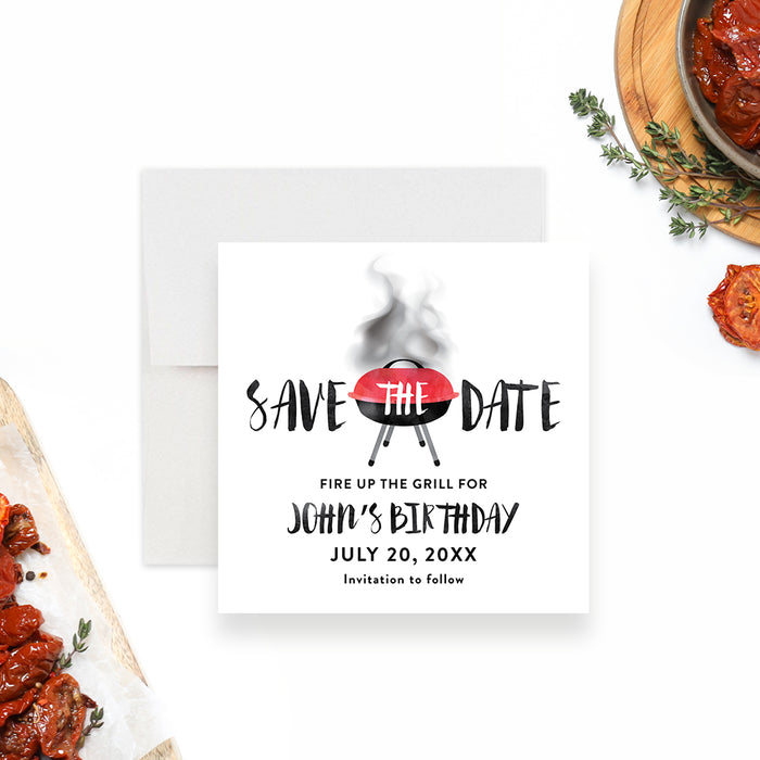 Personalized watercolor BBQ birthday save the date card with red grill illustration, honoree’s name, party date and invitation to follow wording-front