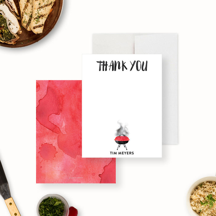 Personalized watercolor BBQ birthday thank you card with editable Thank You wording, smoky red grill, custom name and blank writing area-front-back