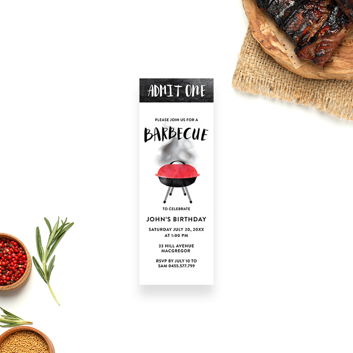 Personalized BBQ birthday ticket invitation with red grill illustration, custom name, date, address, RSVP details and Admit One wording