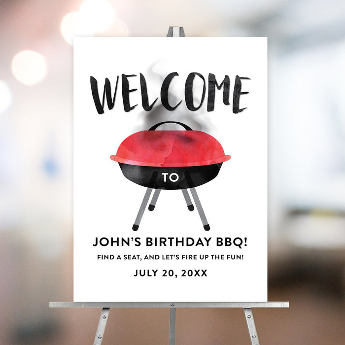 Personalized BBQ birthday welcome sign with smoking grill illustration, custom name, event date and “Find a seat, and let’s fire up the fun!” message