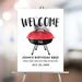 Personalized BBQ birthday welcome sign with smoking grill illustration, custom name, event date and “Find a seat, and let’s fire up the fun!” message