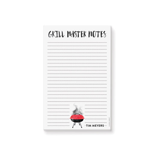 Personalized Grill Master Notes notepad with red barbecue grill illustration, custom name, and lined pages writing area