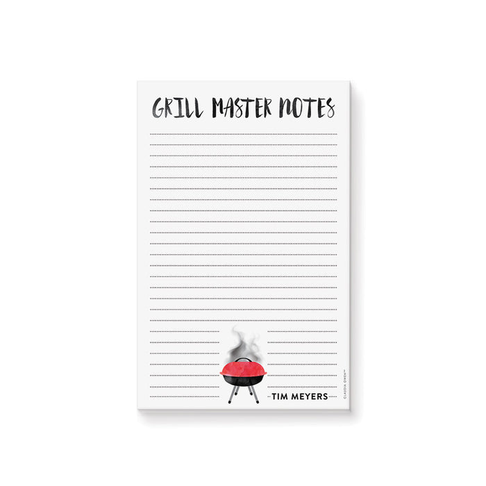 Personalized Grill Master Notes notepad with red barbecue grill illustration, custom name, and lined pages writing area