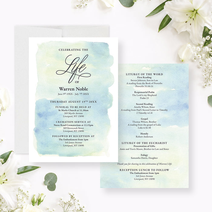 Personalized celebration of life funeral invitation with soft blue green watercolor background and memorial service details-front-back