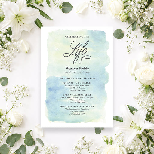 Personalized celebration of life funeral invitation with soft blue green watercolor background and memorial service details-front