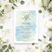 Personalized celebration of life funeral invitation with soft blue green watercolor background and memorial service details-front