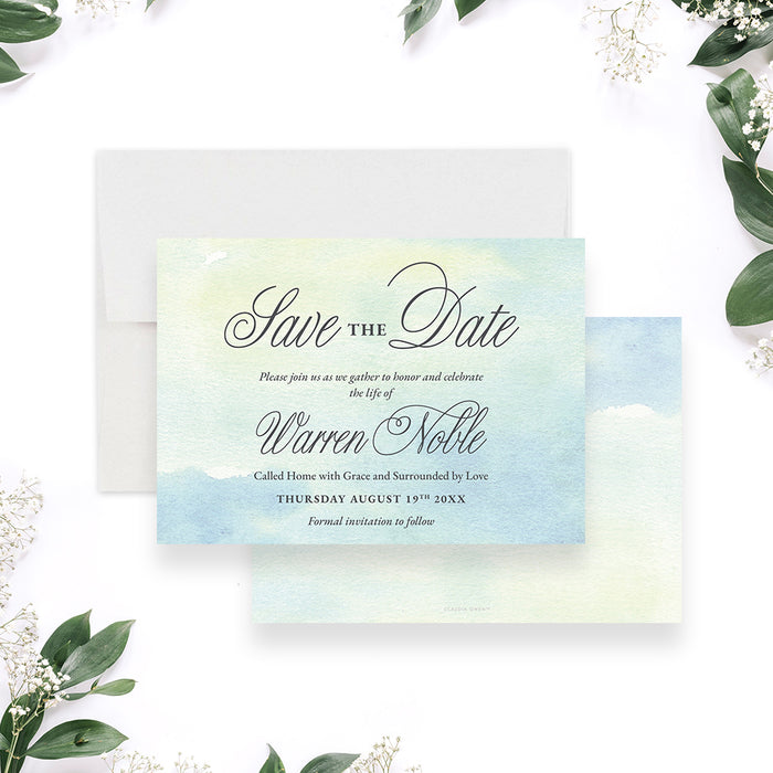 Personalized watercolor celebration of life save the date with soft blue and green background and memorial gathering details-front-back