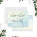 Personalized watercolor celebration of life save the date with soft blue and green background and memorial gathering details-front-back