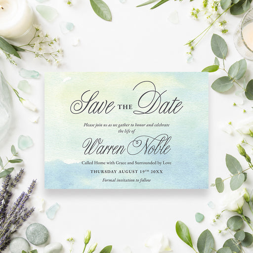 Personalized watercolor celebration of life save the date with soft blue and green background and memorial gathering details-front