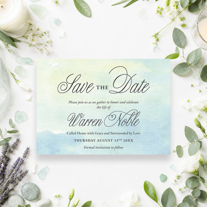 Personalized watercolor celebration of life save the date with soft blue and green background and memorial gathering details-front
