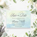 Personalized watercolor celebration of life save the date with soft blue and green background and memorial gathering details-front