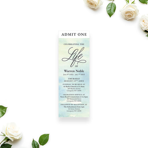 Personalized blue and green watercolor celebration of life ticket invitation with admit one heading and funeral service details