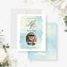 Personalized celebration of life memorial card with loved one’s photo, custom name, and soft blue and green watercolor background-front-back