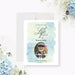 Personalized celebration of life memorial card with loved one’s photo, custom name, and soft blue and green watercolor background-front
