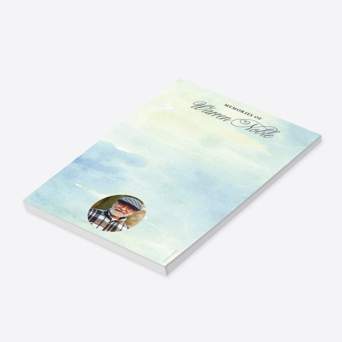 Personalized memorial notepad with soft blue green watercolor background, custom name, and photo of a loved one-side