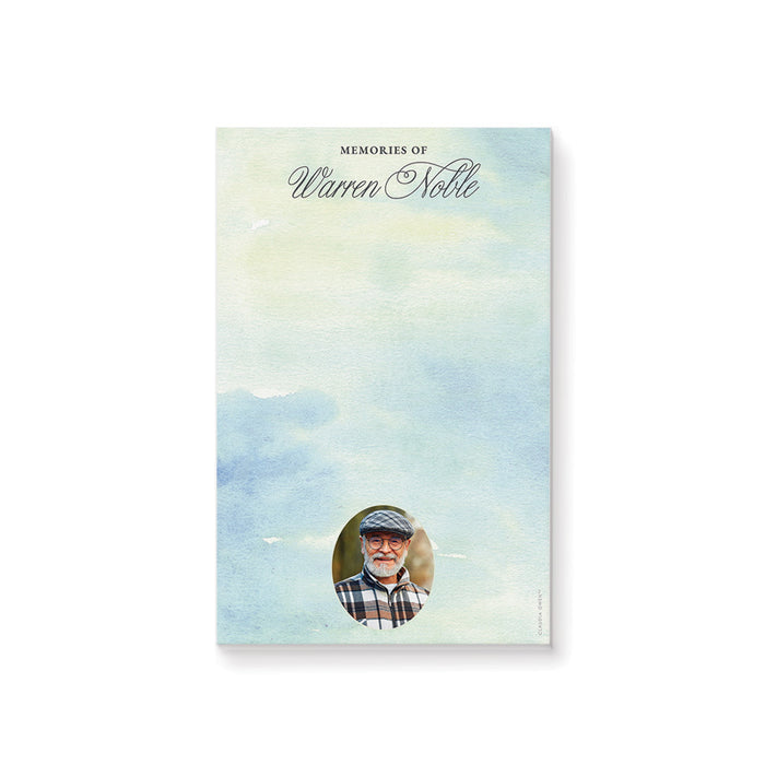 Personalized memorial notepad with soft blue green watercolor background, custom name, and photo of a loved one