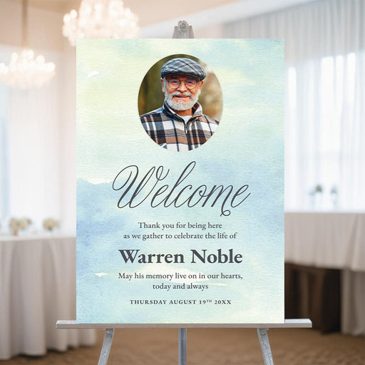 Personalized celebration of life welcome sign with loved one’s photo, custom name, date, and soft blue and green watercolor background