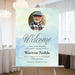 Personalized celebration of life welcome sign with loved one’s photo, custom name, date, and soft blue and green watercolor background