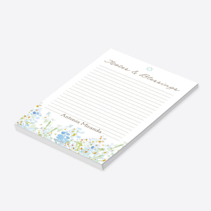 Personalized Jewish Notes and Blessings notepad with Star of David, watercolor florals, lined writing space, and custom name-side