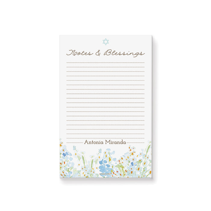 Personalized Jewish Notes and Blessings notepad with Star of David, watercolor florals, lined writing space, and custom name