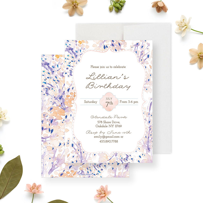 Personalized floral birthday invitation with party details, soft lavender, peach, pink and blue watercolor flowers-front-back