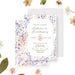 Personalized floral birthday invitation with party details, soft lavender, peach, pink and blue watercolor flowers-front-back