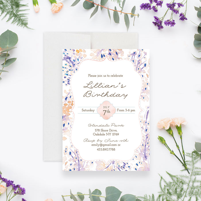 Personalized floral birthday invitation with party details, soft lavender, peach, pink and blue watercolor flowers-front
