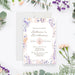 Personalized floral birthday invitation with party details, soft lavender, peach, pink and blue watercolor flowers-front