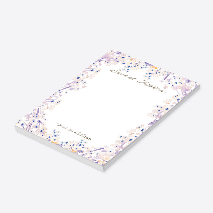 Personalized floral notepad with lavender, blush, cream and blue watercolor border, Sweet Notes wording and custom name-side