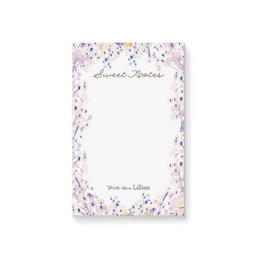 Personalized floral notepad with lavender, blush, cream and blue watercolor border, Sweet Notes wording and custom name