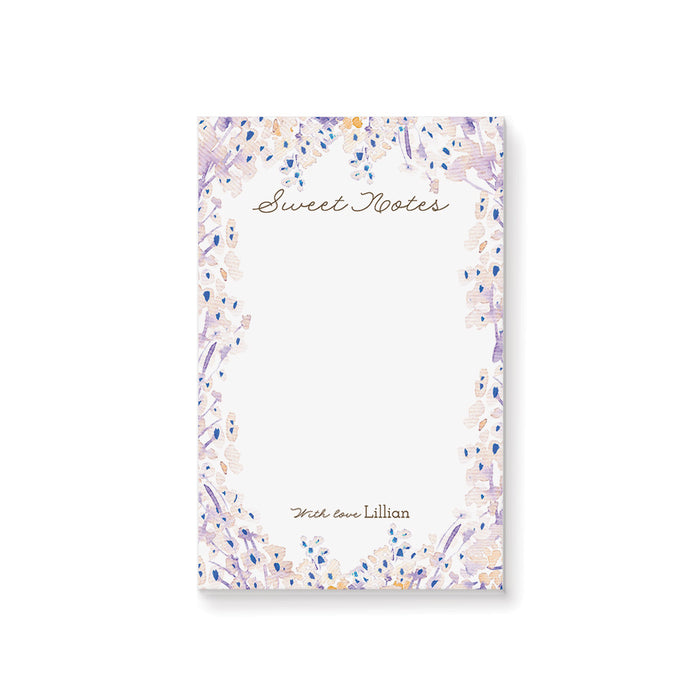 Personalized floral notepad with lavender, blush, cream and blue watercolor border, Sweet Notes wording and custom name