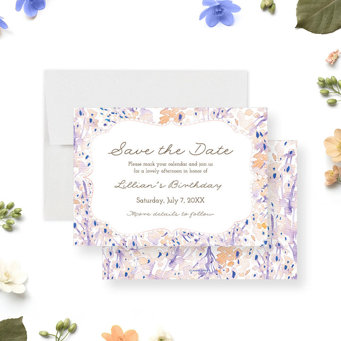Personalized floral birthday save the date with party details, lavender, blush, peach and blue watercolor flowers-front-back