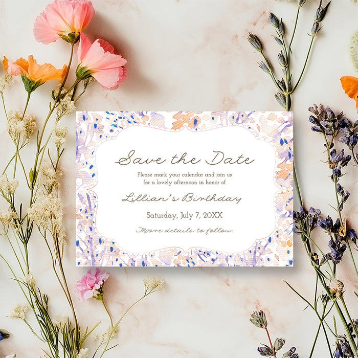 Personalized floral birthday save the date with party details, lavender, blush, peach and blue watercolor flowers-front