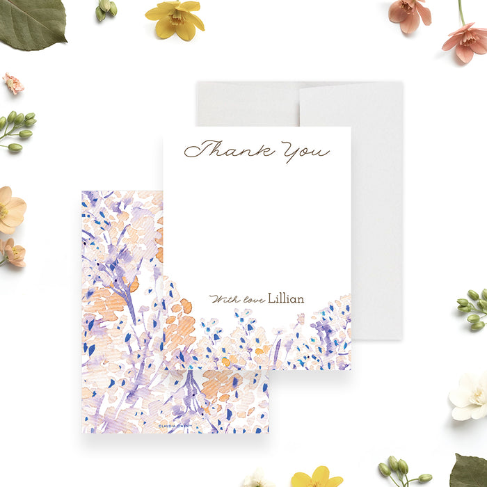 Personalized floral thank you card with your name, soft lavender, blush, peach and blue watercolor flowers-front-back