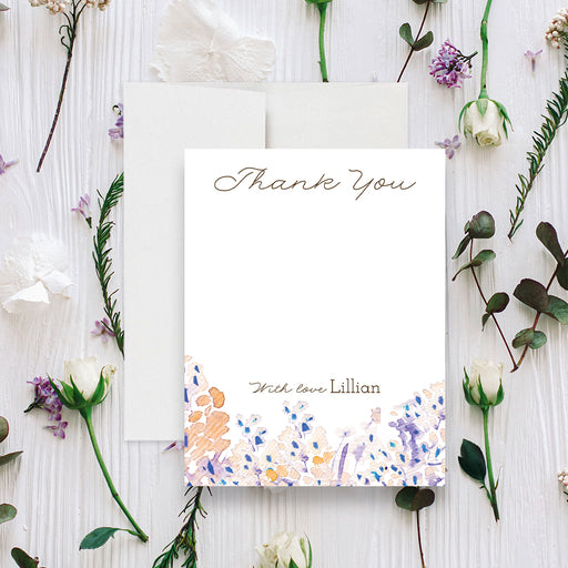Personalized floral thank you card with your name, soft lavender, blush, peach and blue watercolor flowers-front