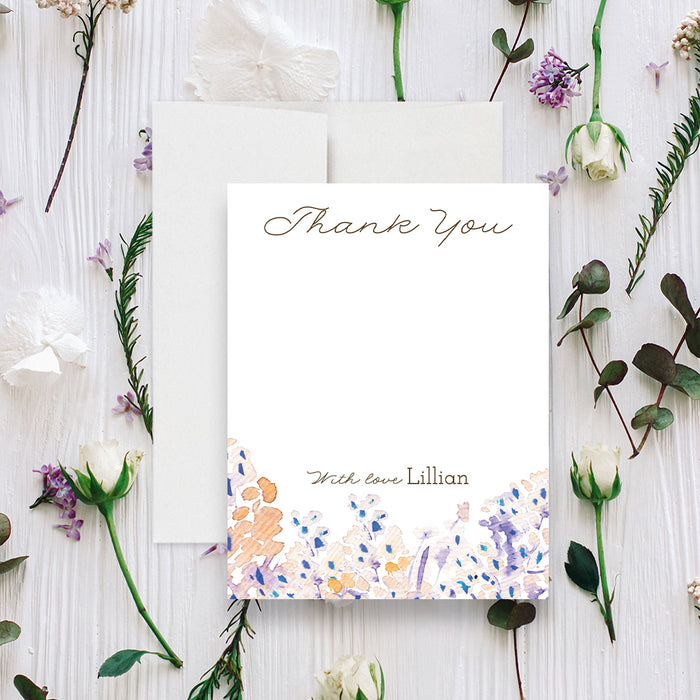 Personalized floral thank you card with your name, soft lavender, blush, peach and blue watercolor flowers-front