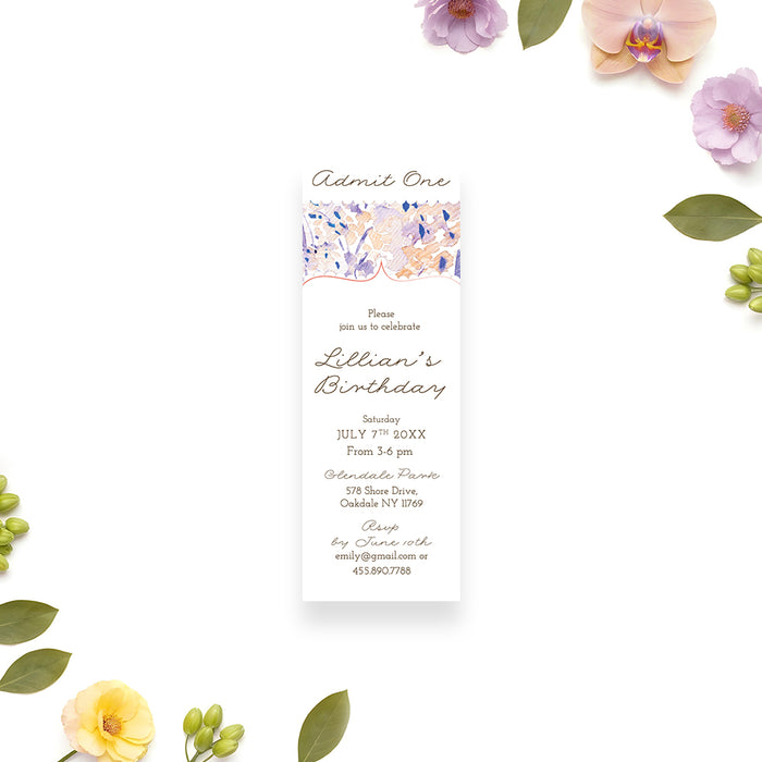 Personalized floral ticket birthday invitation with Admit One design, blush, peach, blue watercolor flowers, and birthday party details