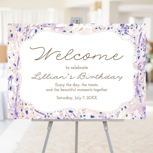 Personalized floral birthday welcome sign with party details, lavender, blush, peach and blue watercolor flowers