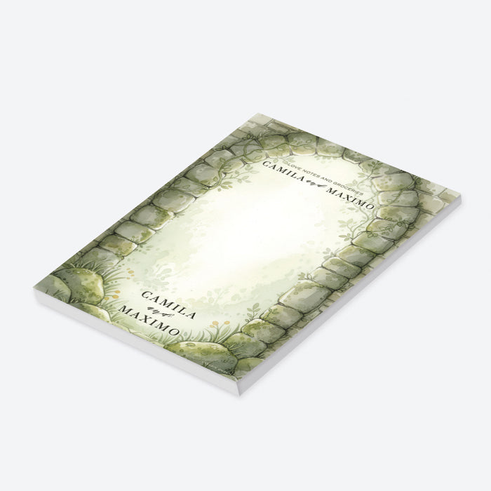 Personalized couples notepad with names, Love Notes and Groceries wording, watercolor forest garden, stone arch and blank writing area-side
