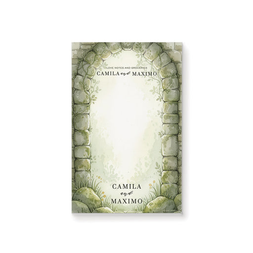 Personalized couples notepad with names, Love Notes and Groceries wording, watercolor forest garden, stone arch and blank writing area